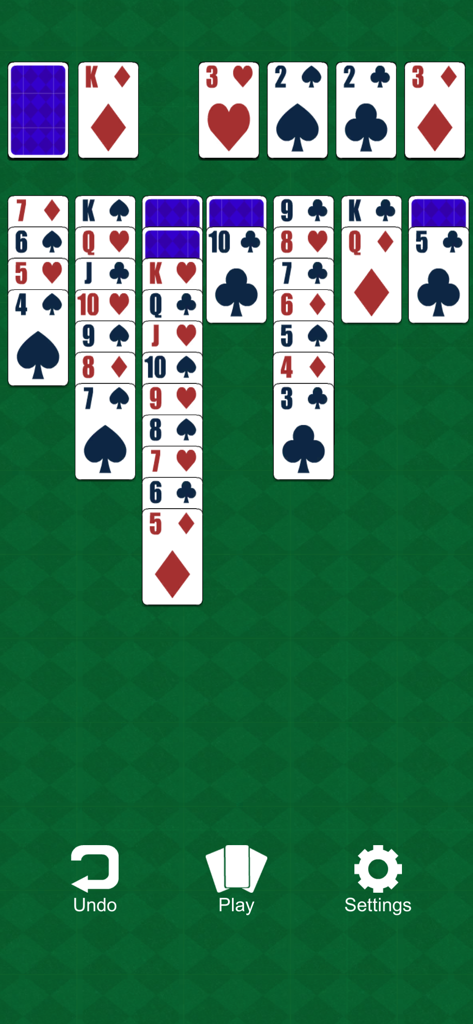 Klondike Kings Solitaire - Classic Klondike Solitaire game screen showing cards on a green patterned background with undo play and settings icons