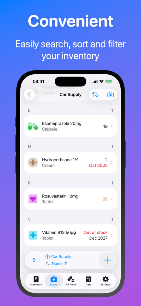 Ampoule - Medical Inventory - A mobile interface for the Ampoule app showing a list of medications with quantities and expiration dates.