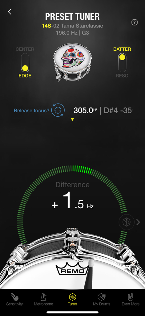 Drumtune PRO | Drum Tuner - Interface of the Drumtune PRO app showing the preset tuner for a Tama Starclassic snare drum