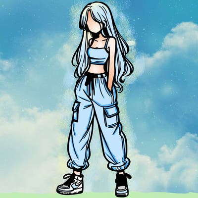 girl in baggy pants crop top and long hair