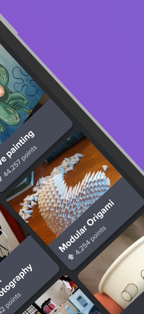 Imgur mobile app interface displaying community posts including modular origami and paintings with upvote points