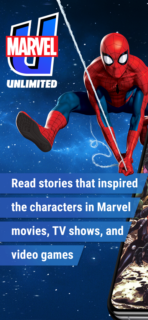 Marvel Unlimited - Marvel Unlimited App-Werbung mit Spider-Man und Text über das Lesen von Geschichten, die Marvel-Filme und -Spiele inspiriert haben