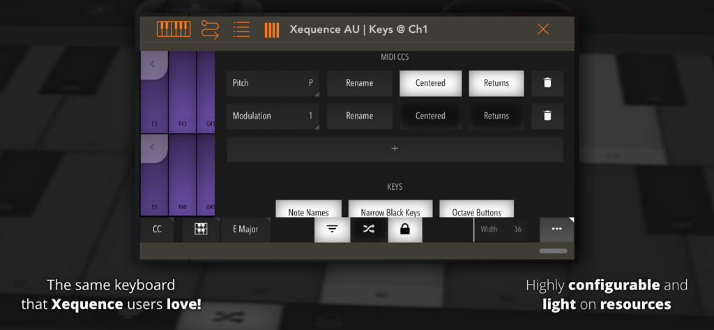 Settings menu for configuring MIDI CC and keyboard layouts in Xequence AU Keys.
