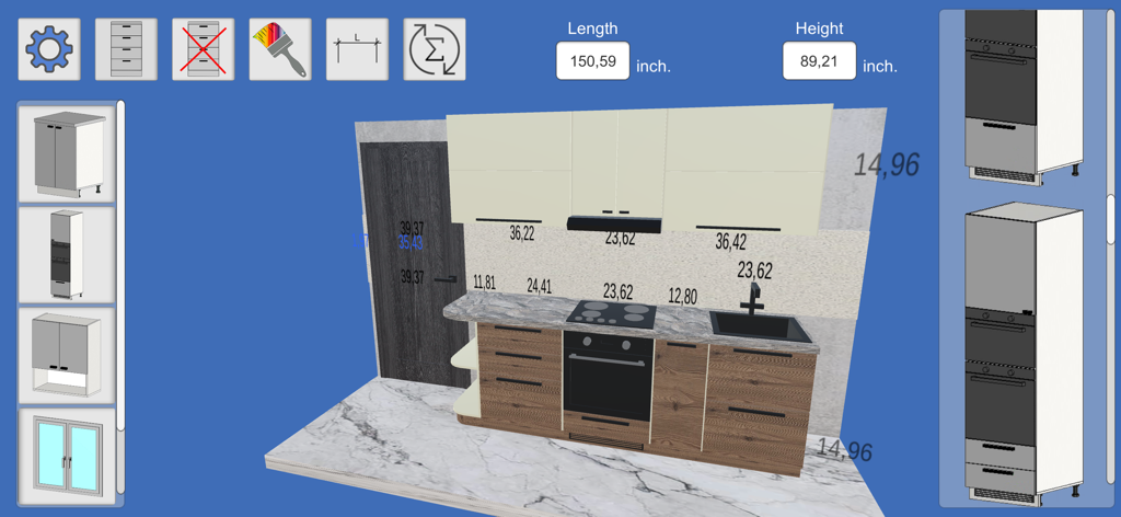 3D model of a straight kitchen layout with measurements in inches