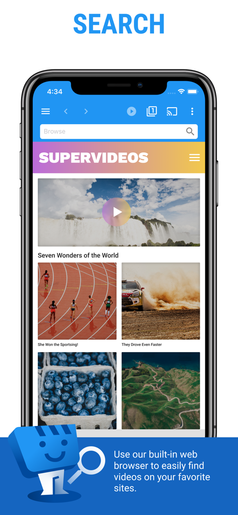 Smartphone mit der Suchoberfläche der Web Video Cast App und ihrem integrierten Browser zur Entdeckung von Online-Videos.