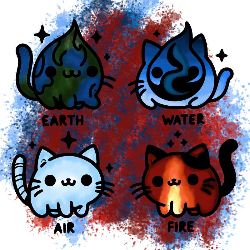 4 cats that represent the different elements, earth, water, air, and fire