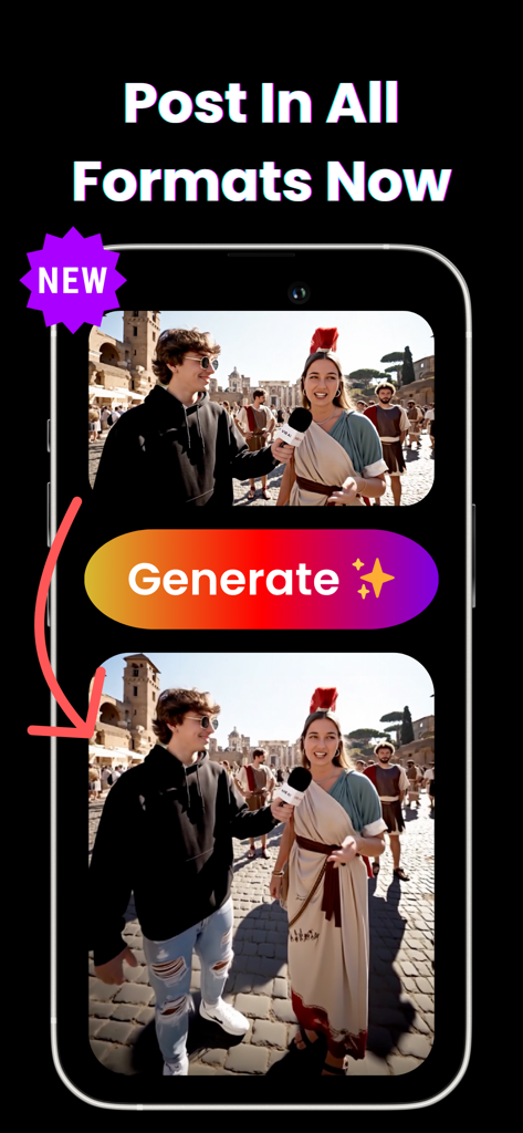 A smartphone interface showing the VIBE app converting a horizontal video of people in Roman costumes into a vertical format for social media.