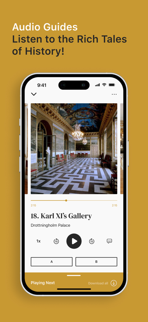 Interfaz de audio guía para la Galería de Karl XI en el Palacio de Drottningholm dentro de la aplicación Palacios Reales de Suecia