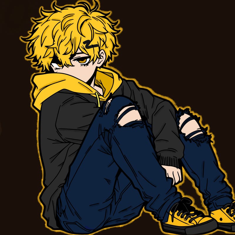 a male hoddie ripped jeans messy hair anime