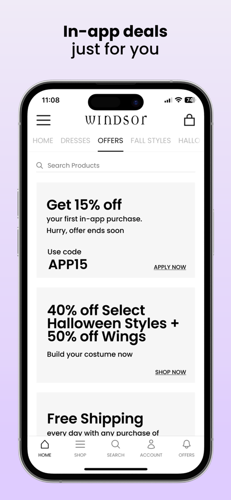 Windsor Store app interface showing exclusive in-app deals and seasonal fashion discounts