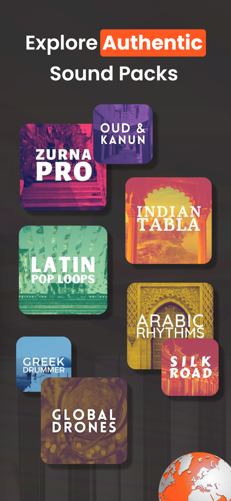 A collection of authentic world music sound packs including Indian Tabla, Arabic Rhythms, and Silk Road