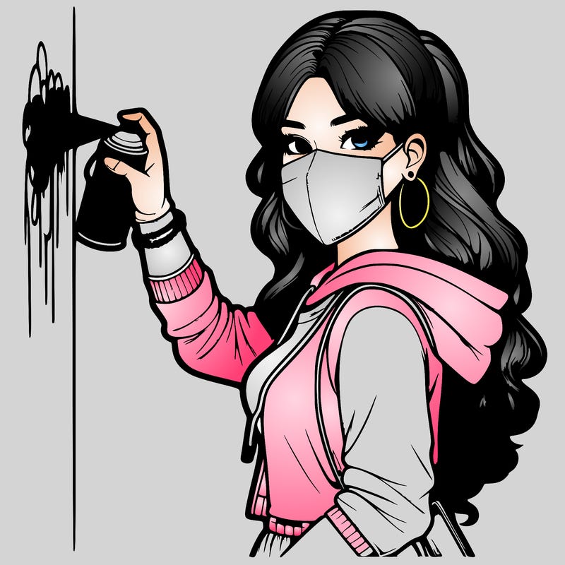 realistic girl with mask spray painting a wall