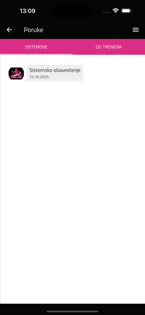 FORMA PLUS - Interfaccia di messaggistica dell'app fitness FORMA PLUS che mostra notifiche di sistema e schede messaggi dell'allenatore.