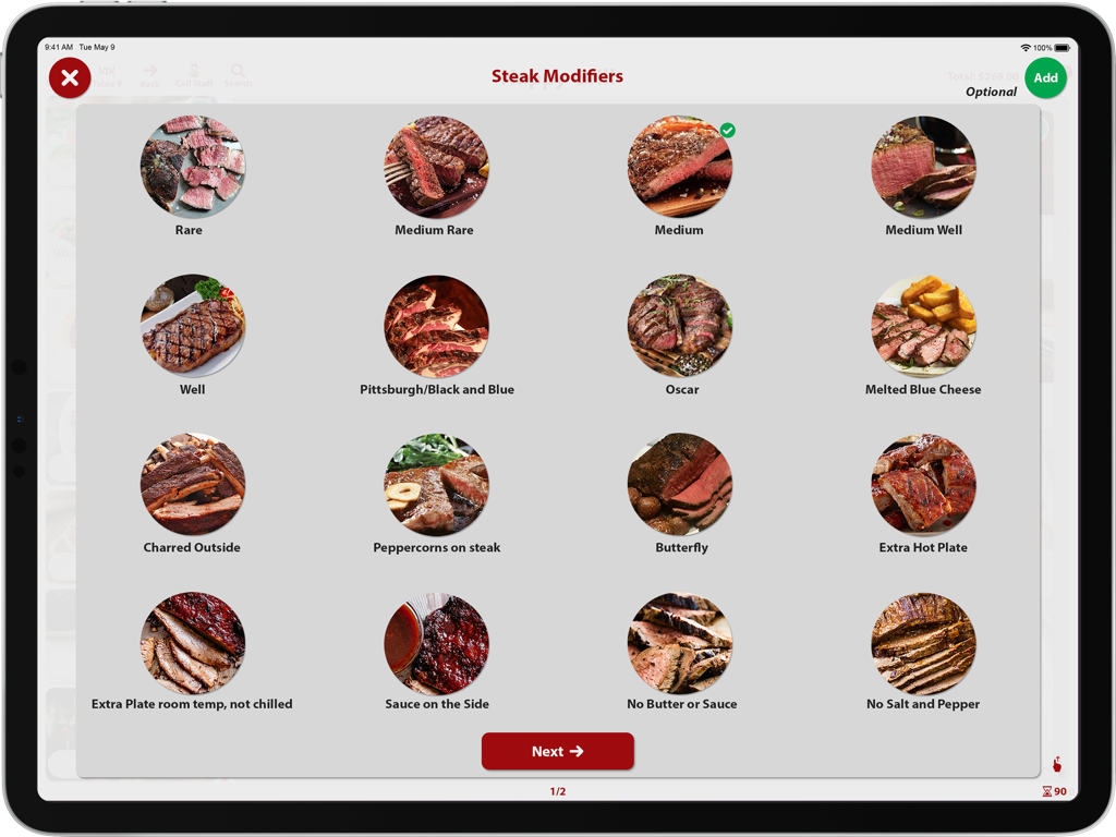 iPad-Bildschirm für Aldelo Restaurant Kiosk mit Steak-Modifikationsoptionen und Fotos für Gargrad und Toppings