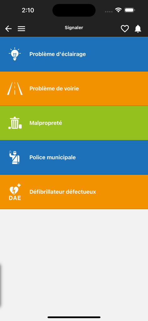myMairie - A mobile interface showing various categories for reporting community issues such as street lighting and road repairs