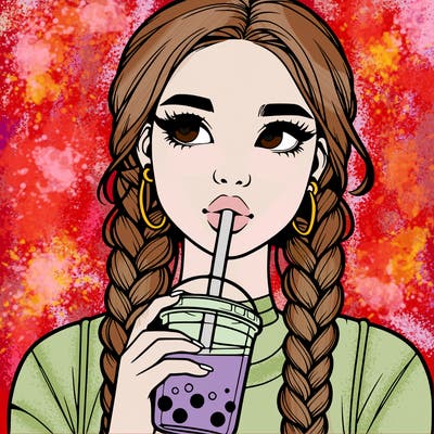 realistic girl with braided hair drinking boba