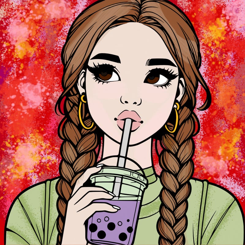 realistic girl with braided hair drinking boba