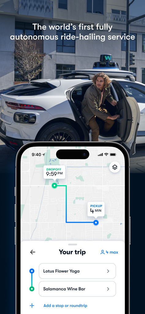 Waymo - Smartphone screen showing the Waymo app trip route and a passenger entering a self-driving car.