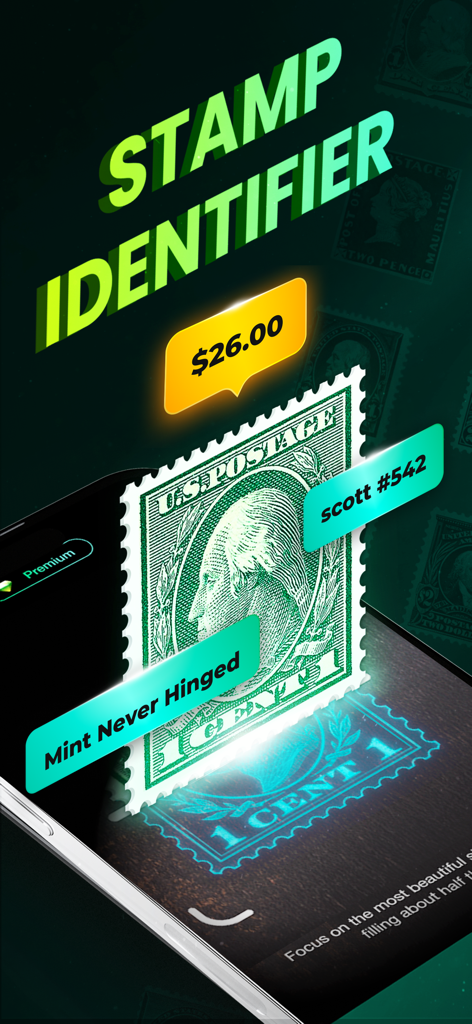 A mobile phone scanning a US postage stamp to identify its market value and Scott catalogue number