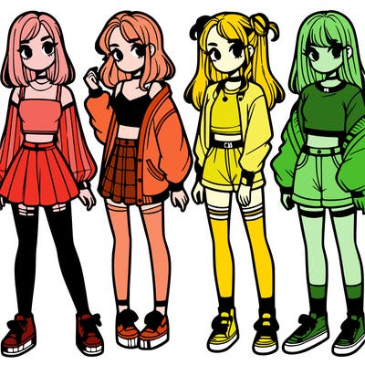 one girl with crop-top shirt and a jacket with a skirt, long socks and another girl with a shirt and pants with a jacket