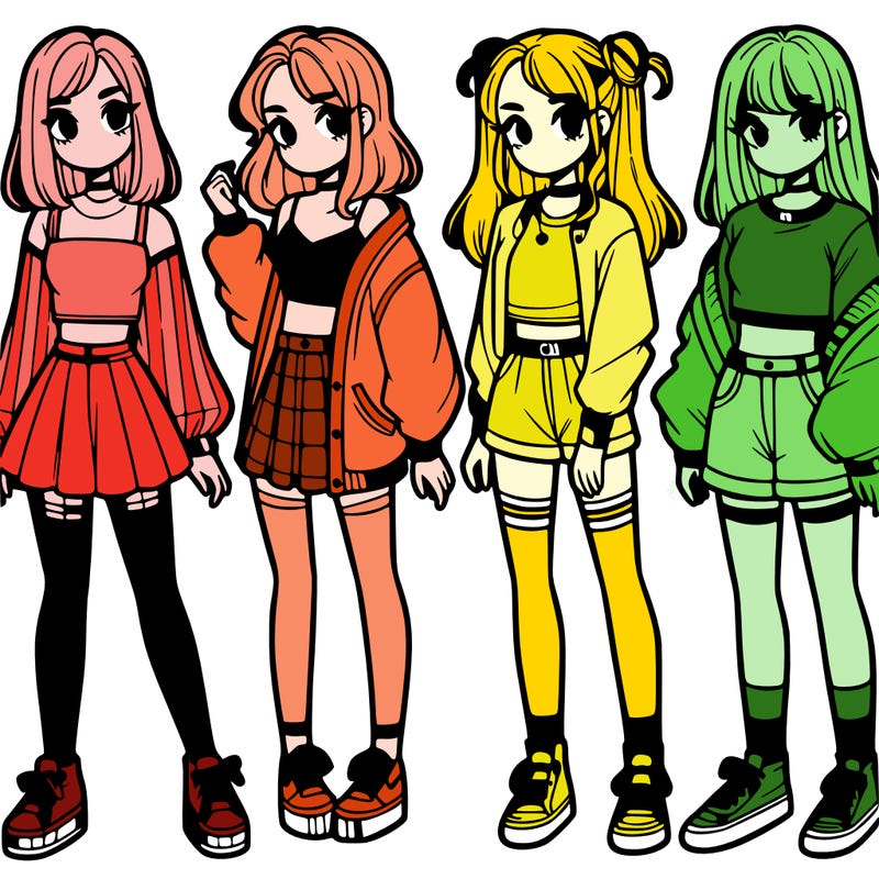 one girl with crop-top shirt and a jacket with a skirt, long socks and another girl with a shirt and pants with a jacket