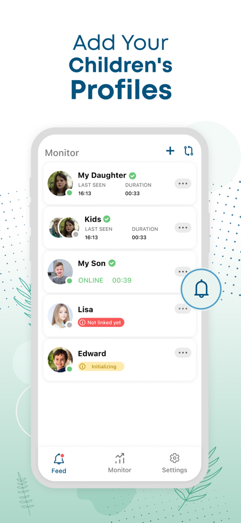 Eva: WA Family Online Tracker - Uma interface móvel mostrando a tela de monitoramento do aplicativo Eva com opções para adicionar e rastrear a atividade online das crianças