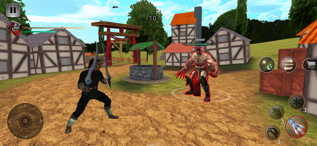 Shadow RPG Fighting Games - Un guerrero ninja con espadas gemelas enfrentándose a un jefe demonio en un pueblo