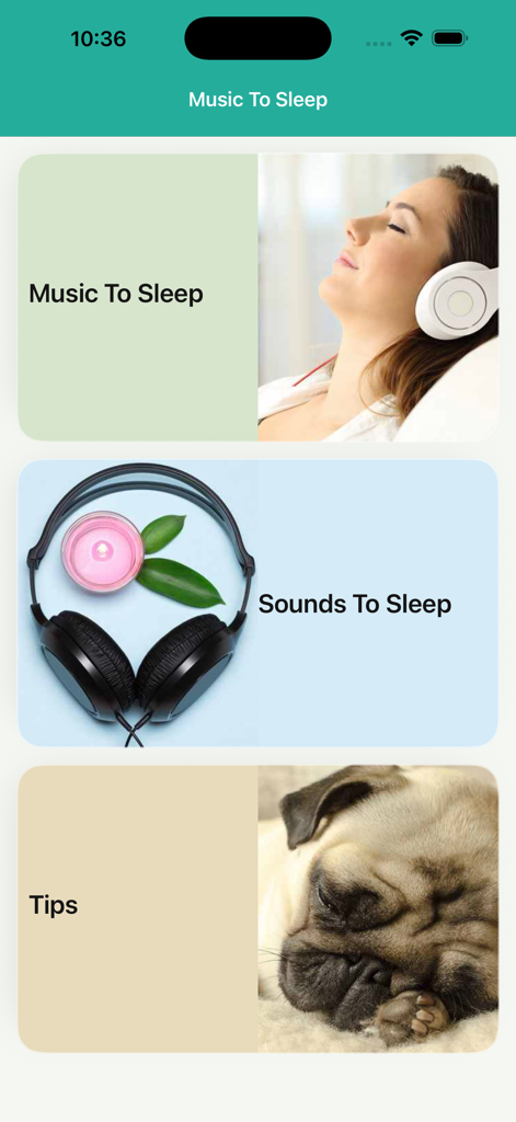 Main menu of the Music To Sleep app featuring sections for sleep music, relaxing sounds, and wellness tips