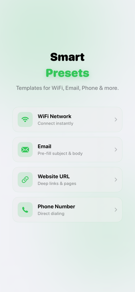 Barcode Generator And QR - Menü für intelligente Voreinstellungen in der Barcode Generator App mit Vorlagen für WLAN, E-Mail, Website-URL und Telefonnummer.