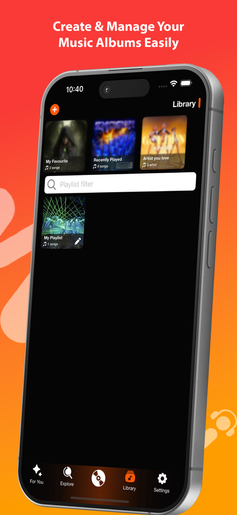 Music X Player-Music Streaming - Pantalla del iPhone de la biblioteca de la aplicación Music X Player mostrando listas de reproducción y álbumes de música personalizados