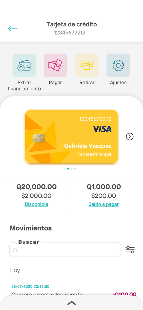 Bantrab mobile app credit card management screen showing balance and transaction details