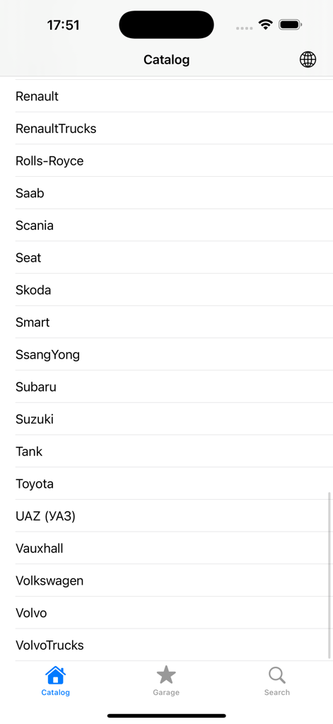 Car Parts - OEM catalogs - A screen showing a list of car and truck brands in the Car Parts OEM catalog including Toyota and Volkswagen