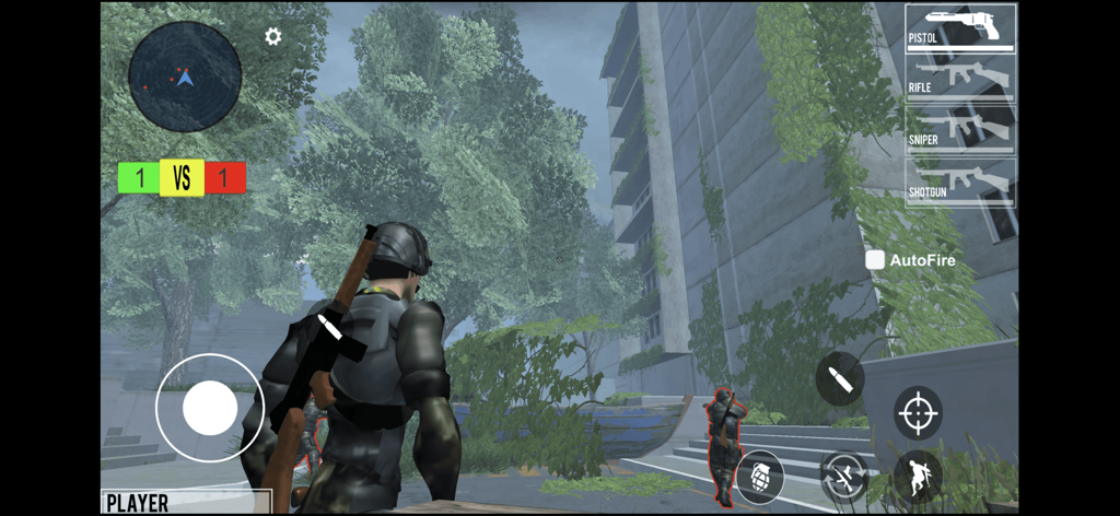 Cover Fire: Strike Force - Third-person shooter gameplay in Cover Fire Strike Force showing a soldier in an urban environment with weapon selection and radar UI.