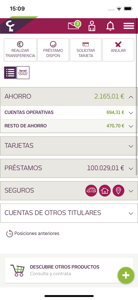 Panel principal de la app de banca móvil de Laboral Kutxa mostrando saldos de cuenta y servicios financieros.