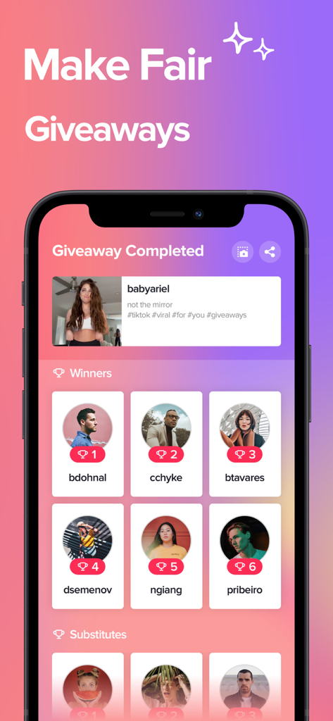 App interface showing the winners of a TikTok giveaway draw