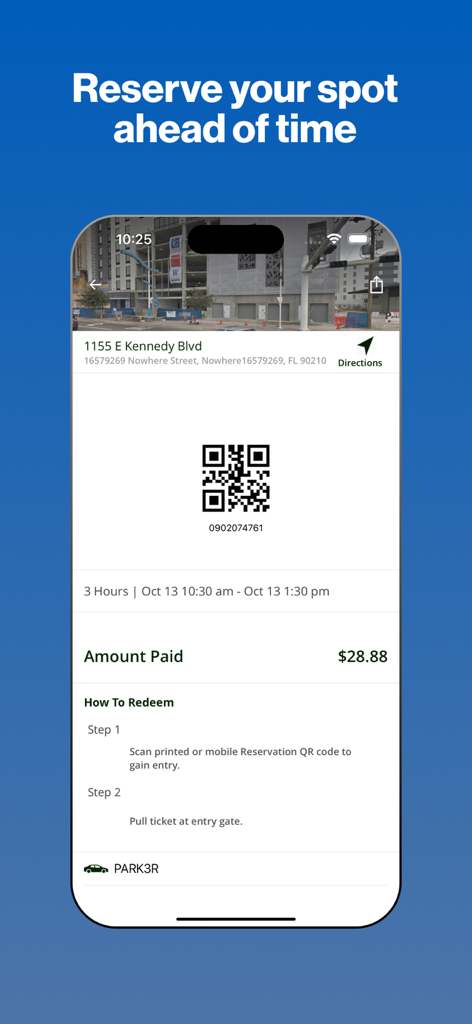 717 Parking app screen showing a digital reservation QR code and location details for a parking spot.