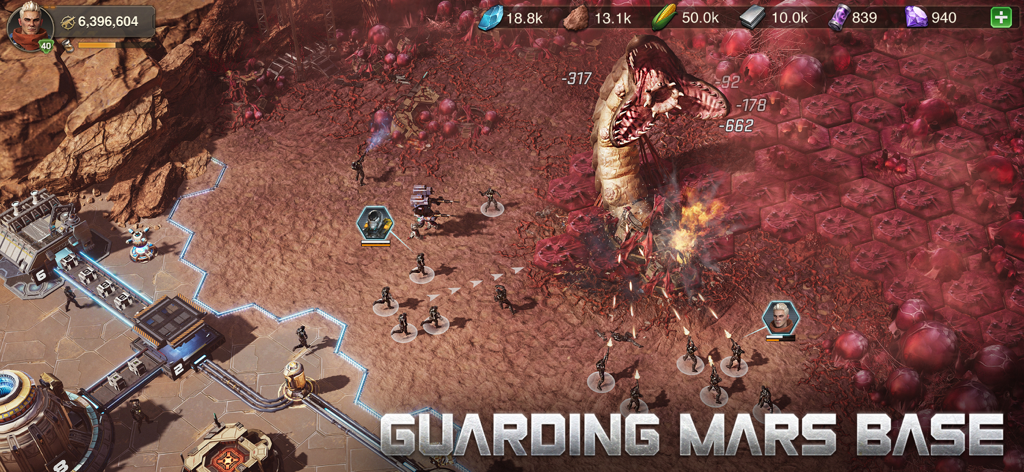 Méchas et soldats avancés défendant une base contre un ver extraterrestre géant sur Mars