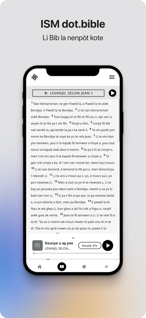 dot.Bible Kreyòl Ayisyen - iPhone screen displaying the dot.Bible app with scripture text in Haitian Creole and an audio player