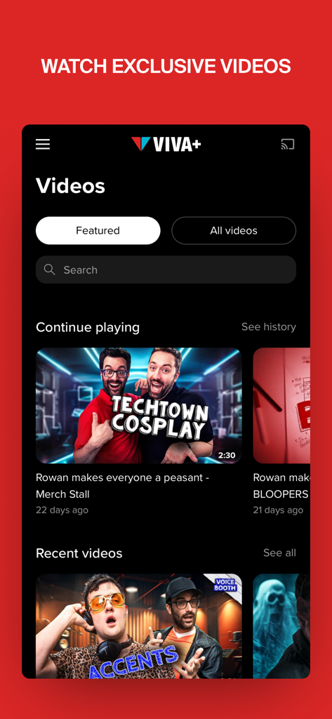 Viva+ TV - Viva Plus TV app screen showing exclusive video content and categories