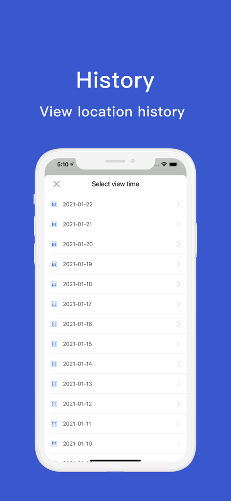 Una pantalla de smartphone que muestra una lista de fechas para ver el historial de ubicaciones en la app Phone Tracker
