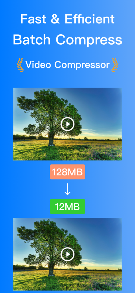 ビデオコンプレッサーアプリのインターフェース。ビデオファイルサイズが128MBから12MBに縮小されている様子を示しています。