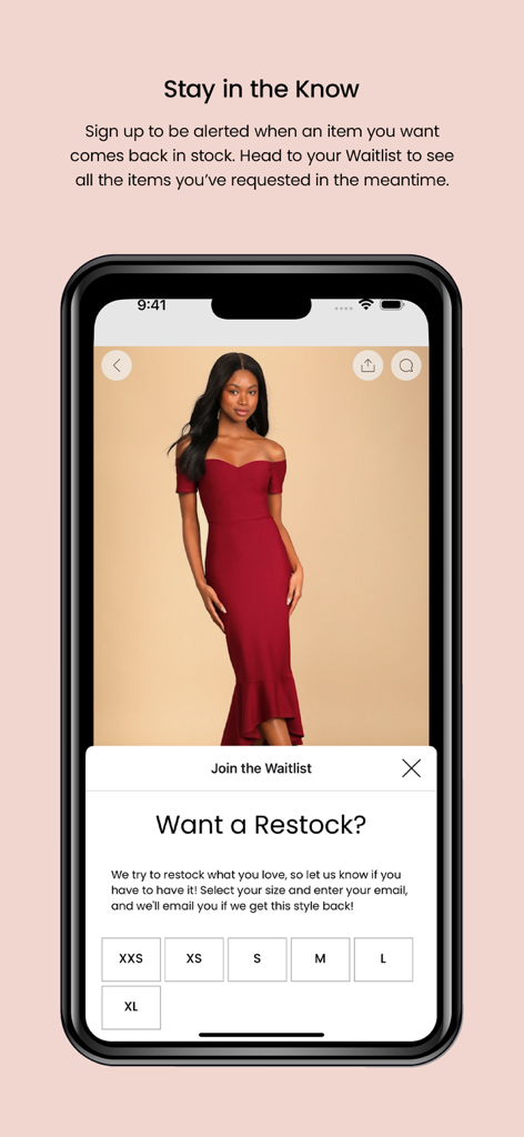 Lulus - Lulus App-Bildschirm zeigt eine Wartelistenfunktion für ein rotes Abendkleid mit Auswahlmöglichkeiten für die Größe