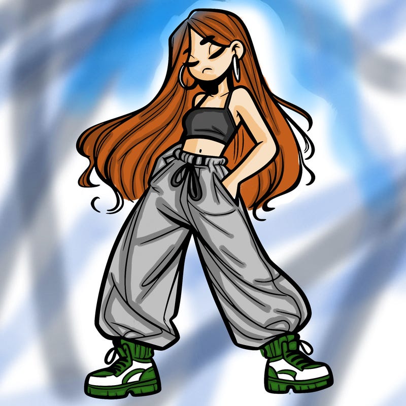 girl in baggy pants crop top and long hair