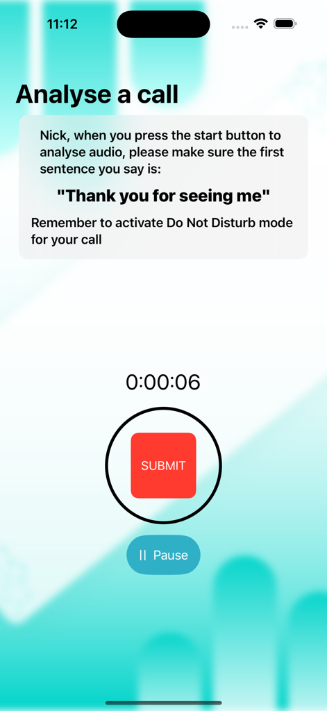 ADVANCE®AI - ADVANCE AI mobile app interface for recording and analyzing a pharmaceutical sales call with a timer and submit button