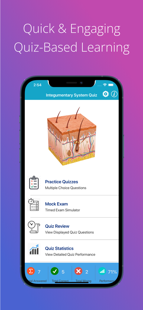 Integumentary System Quizzes main menu on a smartphone featuring options for Practice Quizzes, Mock Exam, Quiz Review, and Statistics with an anatomical skin diagram.