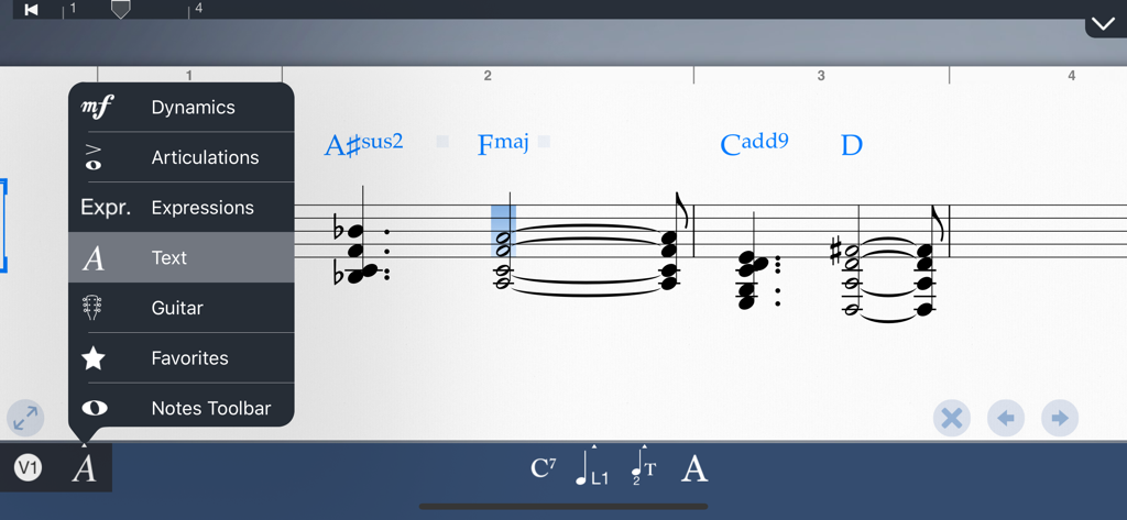Symphony Pro - Music Notation - Symphony Pro app interface showing a music score with chord symbols and an open editing menu for dynamics and text