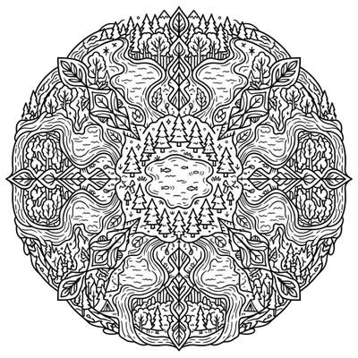 Discover peace with this intricate forest lake mandala, bringing the serene beauty of nature into a perfectly symmetrical design. Ideal for adults and teens seeking a calming and detailed coloring experience.