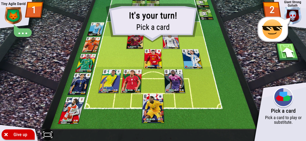 FIFA World Cup 2026™ AXL™ - In game match view of the FIFA World Cup 2026 AXL mobile app showing soccer trading cards on a virtual field during a head to head duel