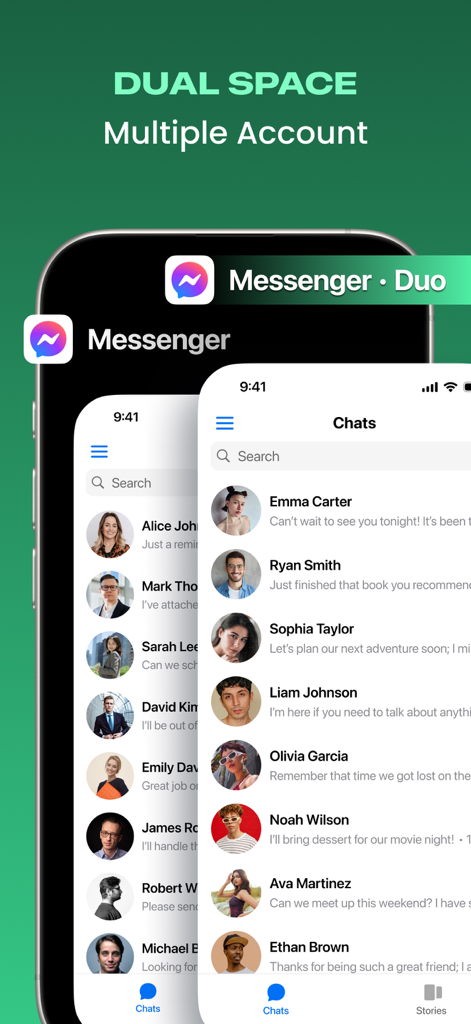 Parallel Accounts・Dual Space - A smartphone showing two separate Messenger accounts open simultaneously using the Parallel Accounts Dual Space app.