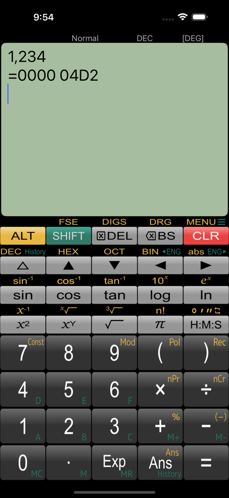 Panecal Scientific Calculator interface showing a decimal to hexadecimal conversion on an iPhone
